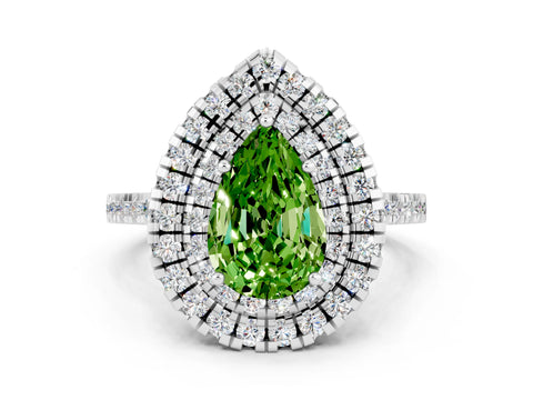 White gold Double Halo Pear Cut Peridot Pavé Band with Four-Prong Setting