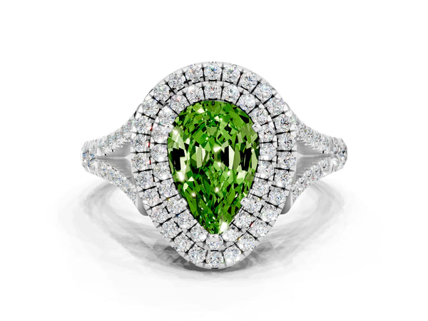 Platinum Double Halo Pear Cut Peridot Pavé Split Shank Ring with Prong Setting