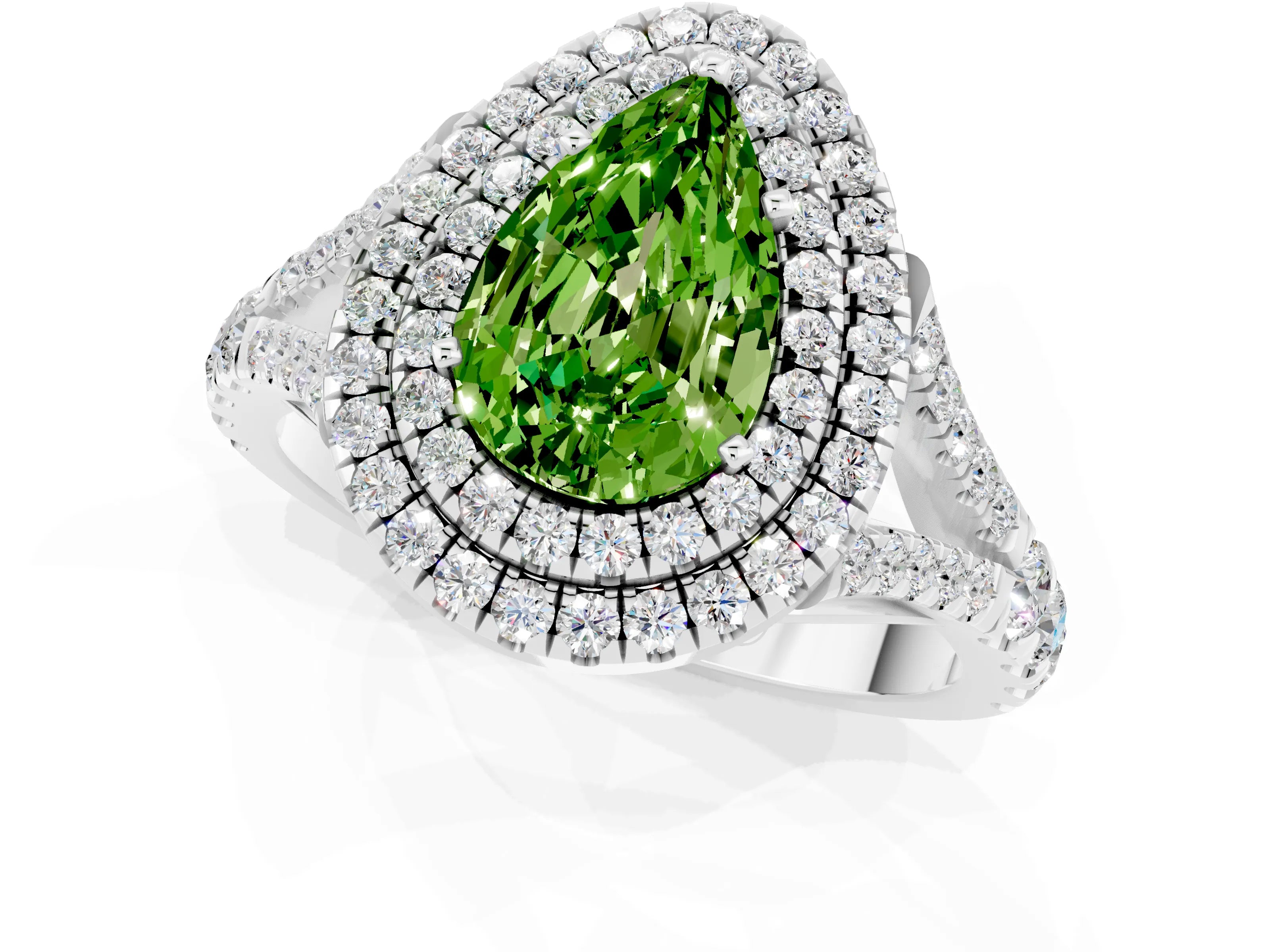 White gold Double Halo Pear Cut Peridot Pavé Split Shank Ring with Prong Setting_1