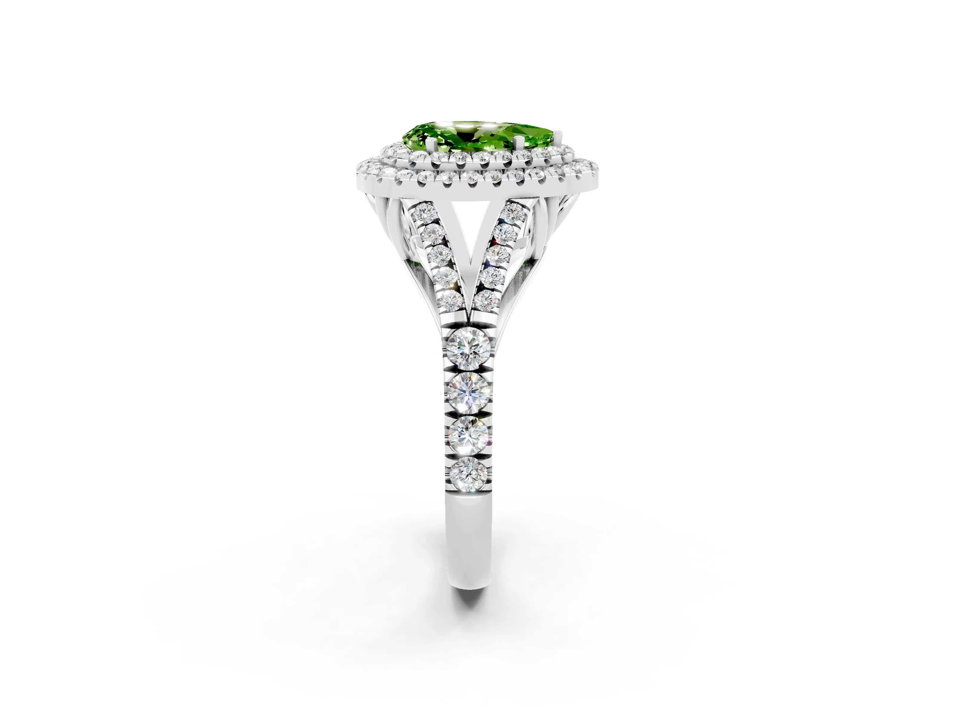 White gold Double Halo Pear Cut Peridot Pavé Split Shank Ring with Prong Setting_2