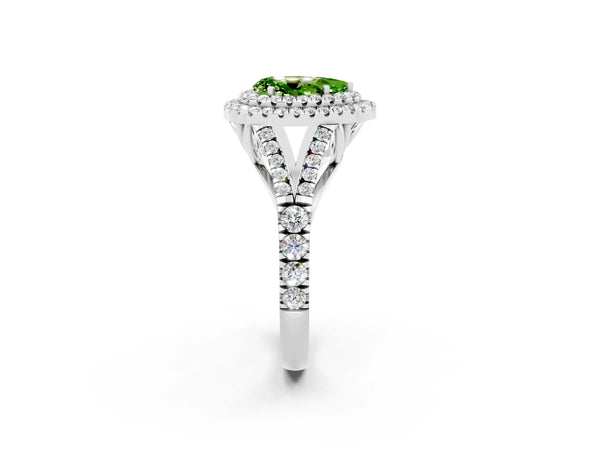 White gold Double Halo Pear Cut Peridot Pavé Split Shank Ring with Prong Setting