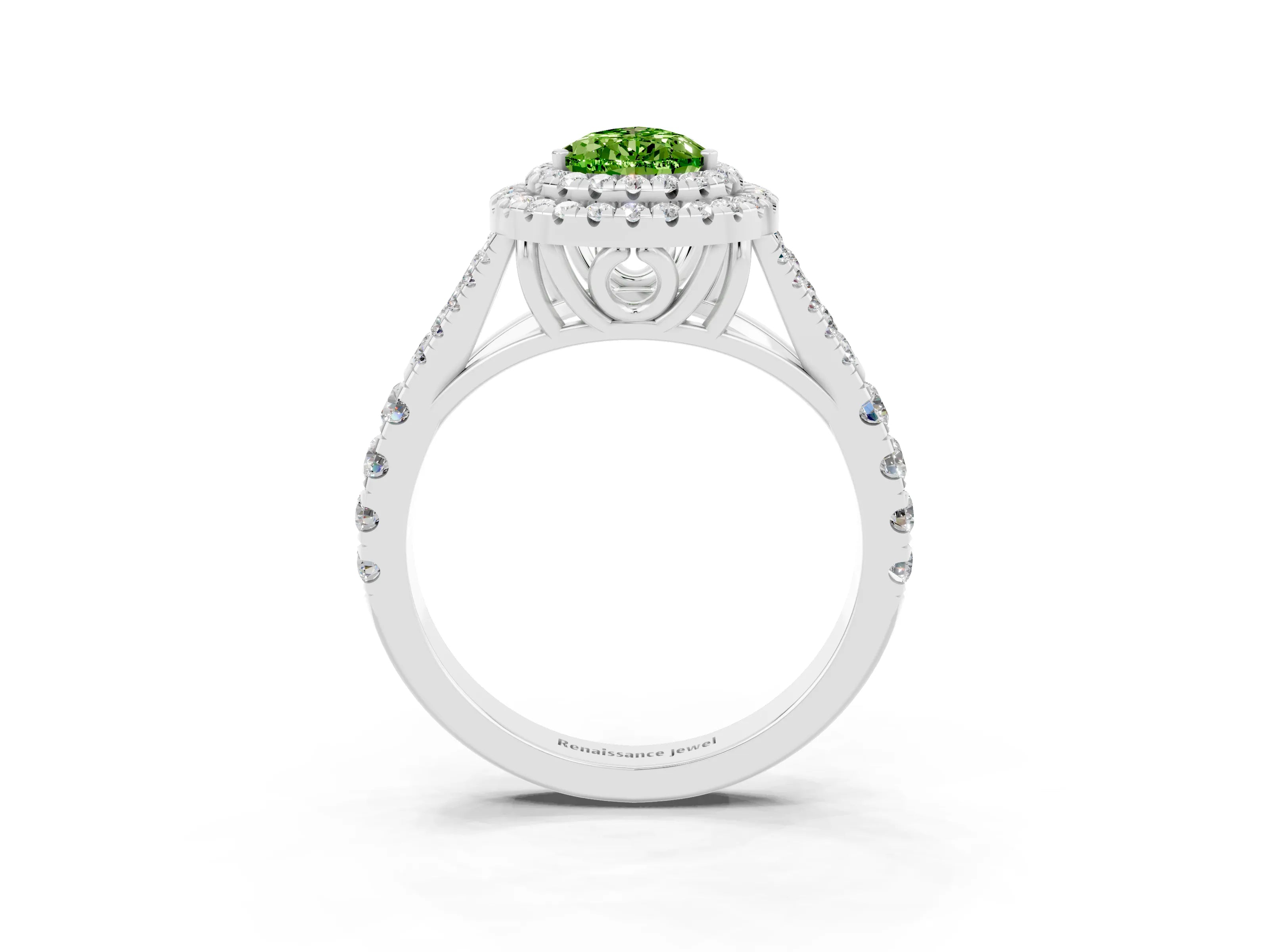 White gold Double Halo Pear Cut Peridot Pavé Split Shank Ring with Prong Setting_3