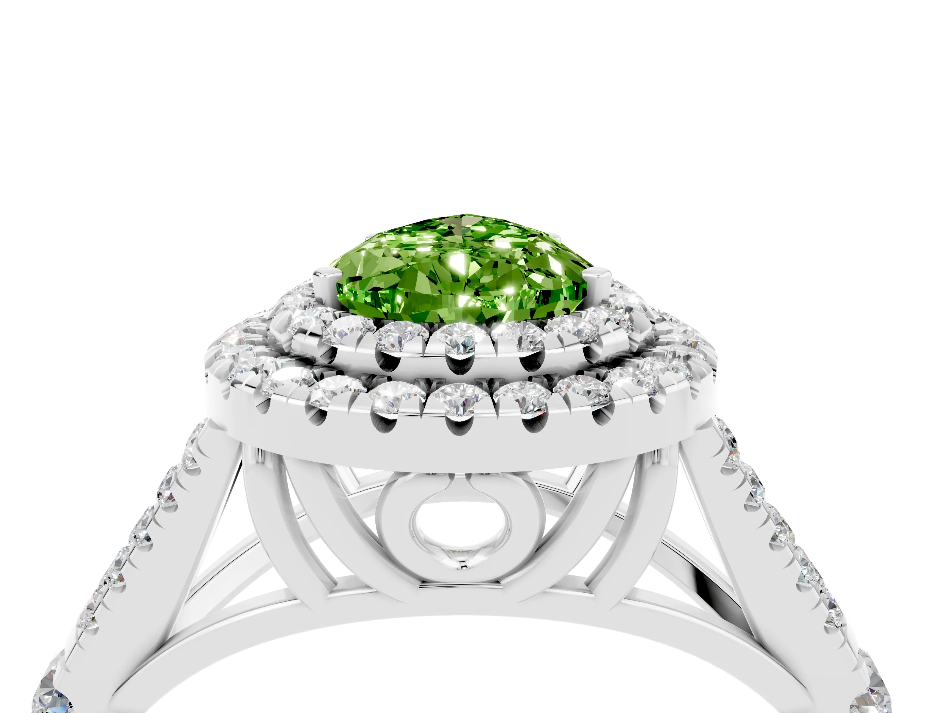 White gold Double Halo Pear Cut Peridot Pavé Split Shank Ring with Prong Setting_4