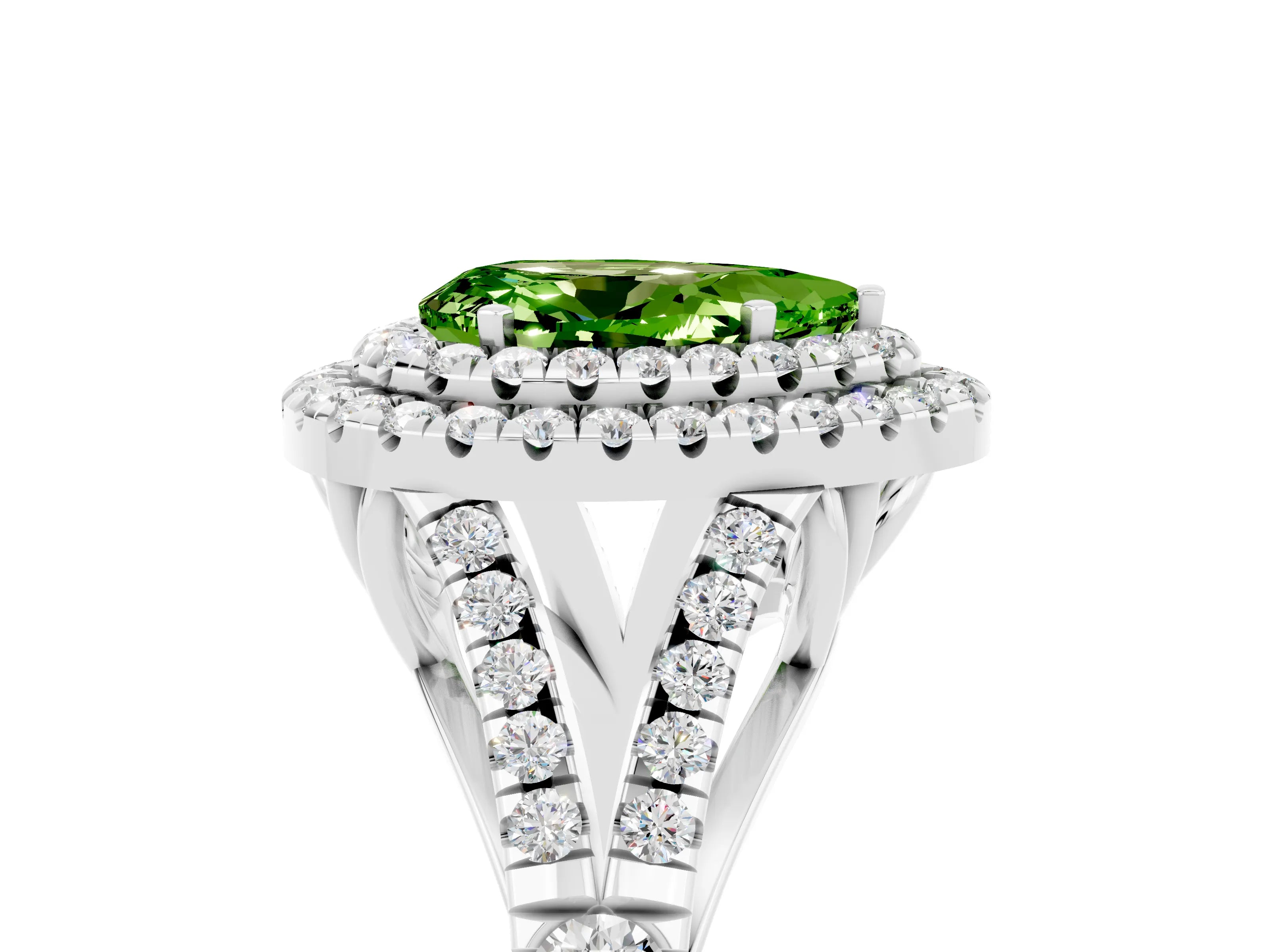 White gold Double Halo Pear Cut Peridot Pavé Split Shank Ring with Prong Setting_5