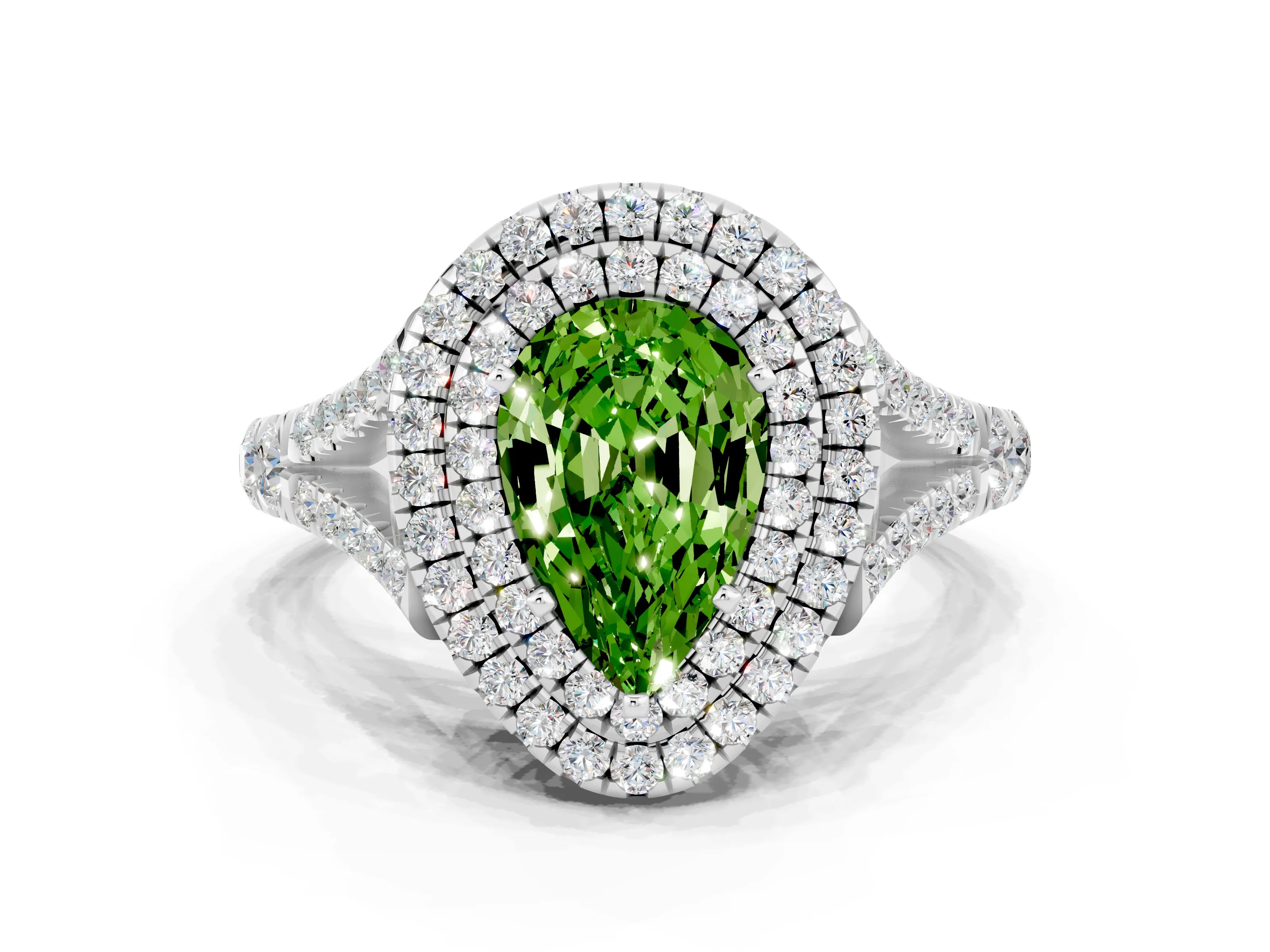 White gold Double Halo Pear Cut Peridot Pavé Split Shank Ring with Prong Setting