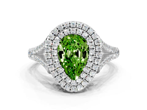 White gold Double Halo Pear Cut Peridot Pavé Split Shank Ring with Prong Setting