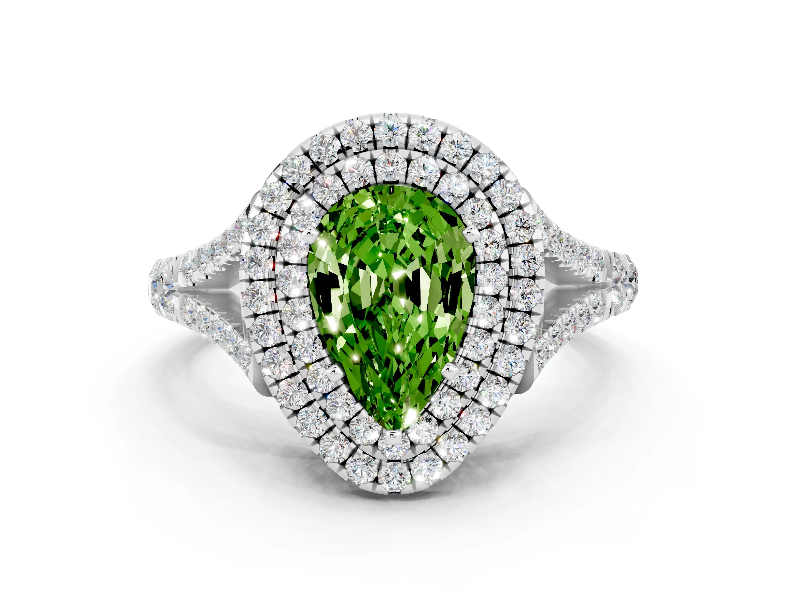 White gold Double Halo Pear Cut Peridot Split Shank Engagement Ring with Four-Prong Setting