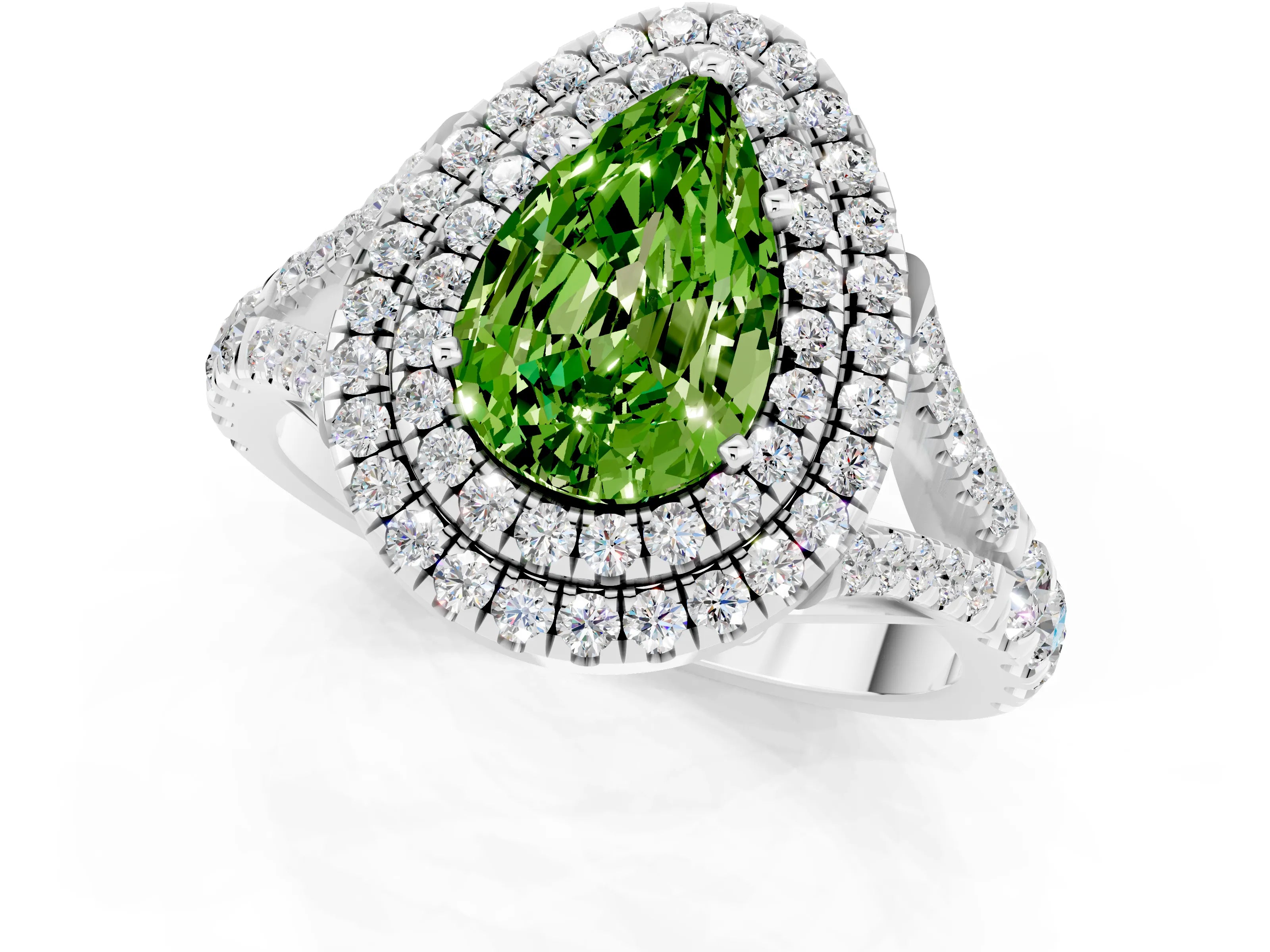 White gold Double Halo Pear Cut Peridot Split Shank Engagement Ring with Four-Prong Setting_1