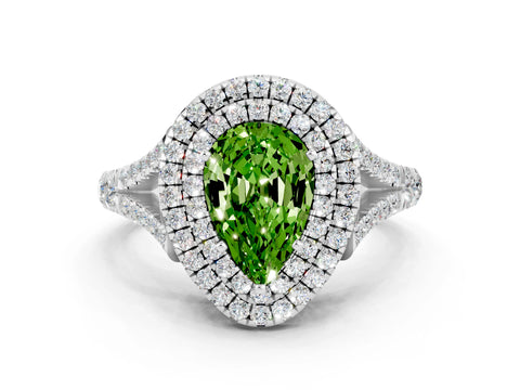White gold Double Halo Pear Cut Peridot Split Shank Engagement Ring with Four-Prong Setting