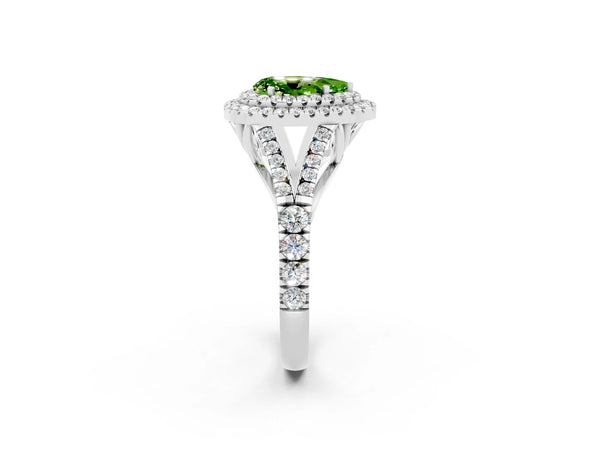 Platinum Double Halo Pear Cut Peridot Split Shank Engagement Ring with Four-Prong Setting