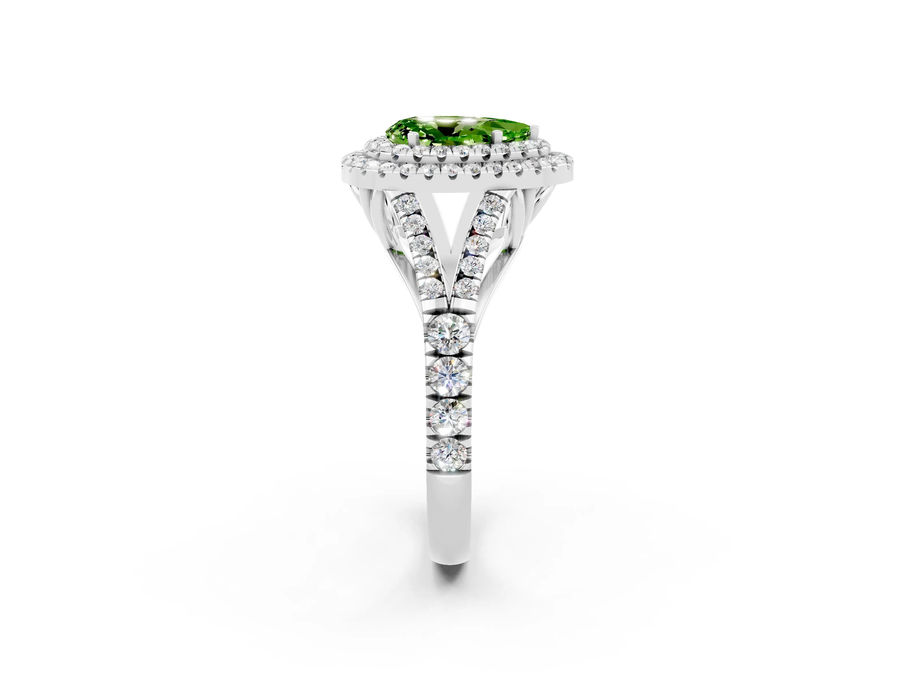 White gold Double Halo Pear Cut Peridot Split Shank Engagement Ring with Four-Prong Setting_2