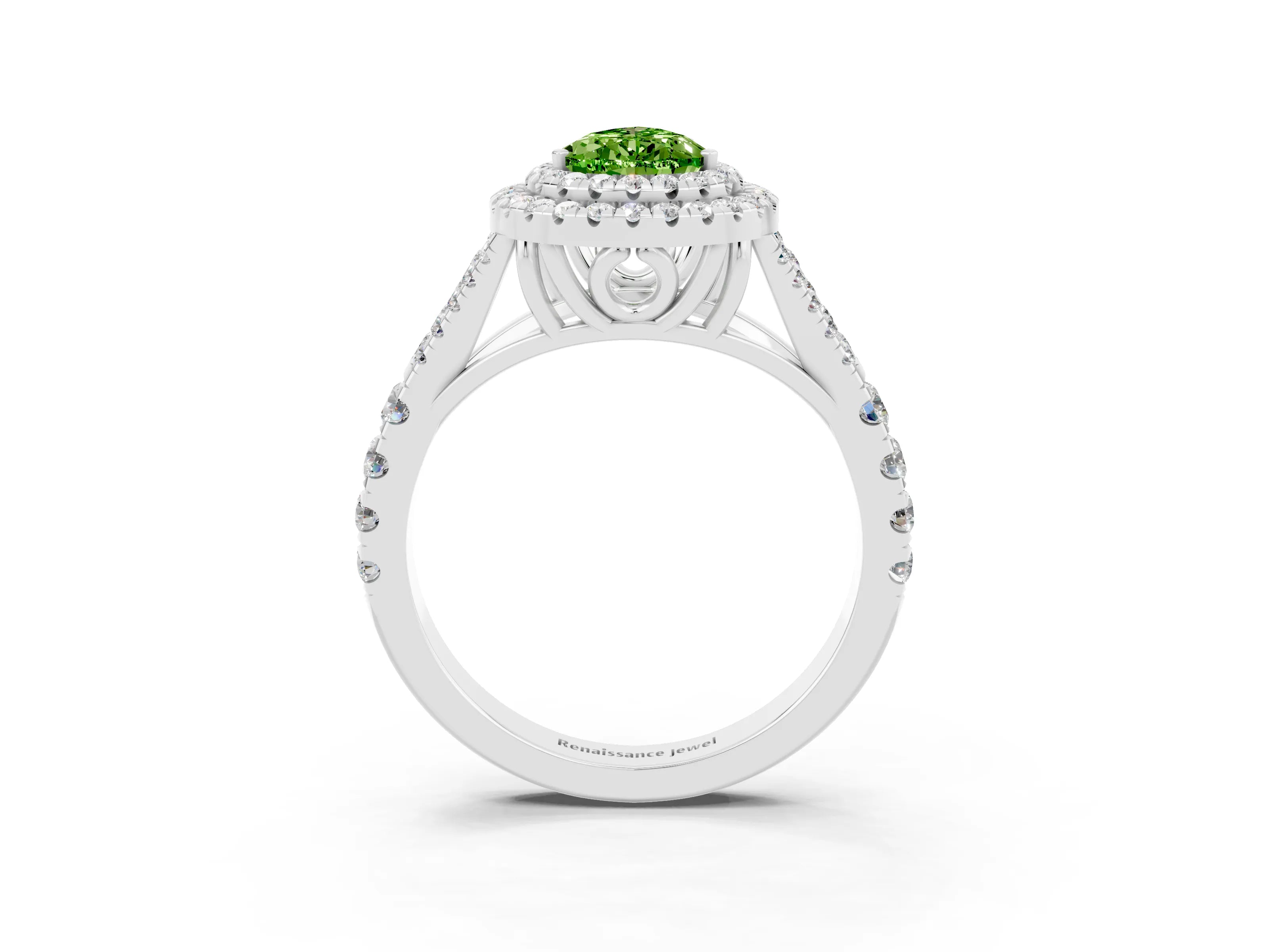 White gold Double Halo Pear Cut Peridot Split Shank Engagement Ring with Four-Prong Setting_3
