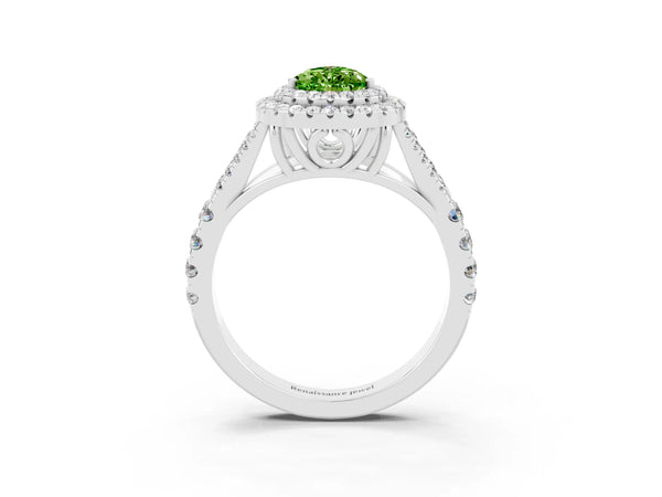 White gold Double Halo Pear Cut Peridot Split Shank Engagement Ring with Four-Prong Setting
