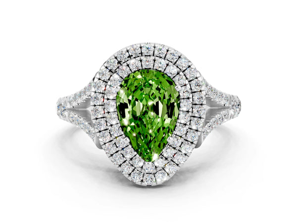 Silver Double Halo Pear Cut Peridot Split Shank Engagement Ring with Four-Prong Setting