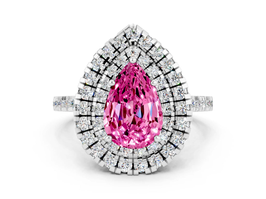 White gold Double Halo Pear Cut Pink Sapphire Pavé Band with Four-Prong Setting_24
