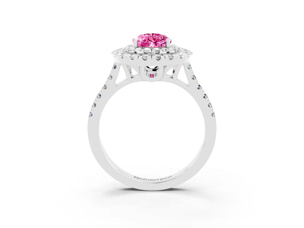 Platinum Double Halo Pear Cut Pink Sapphire Pavé Band with Four-Prong Setting