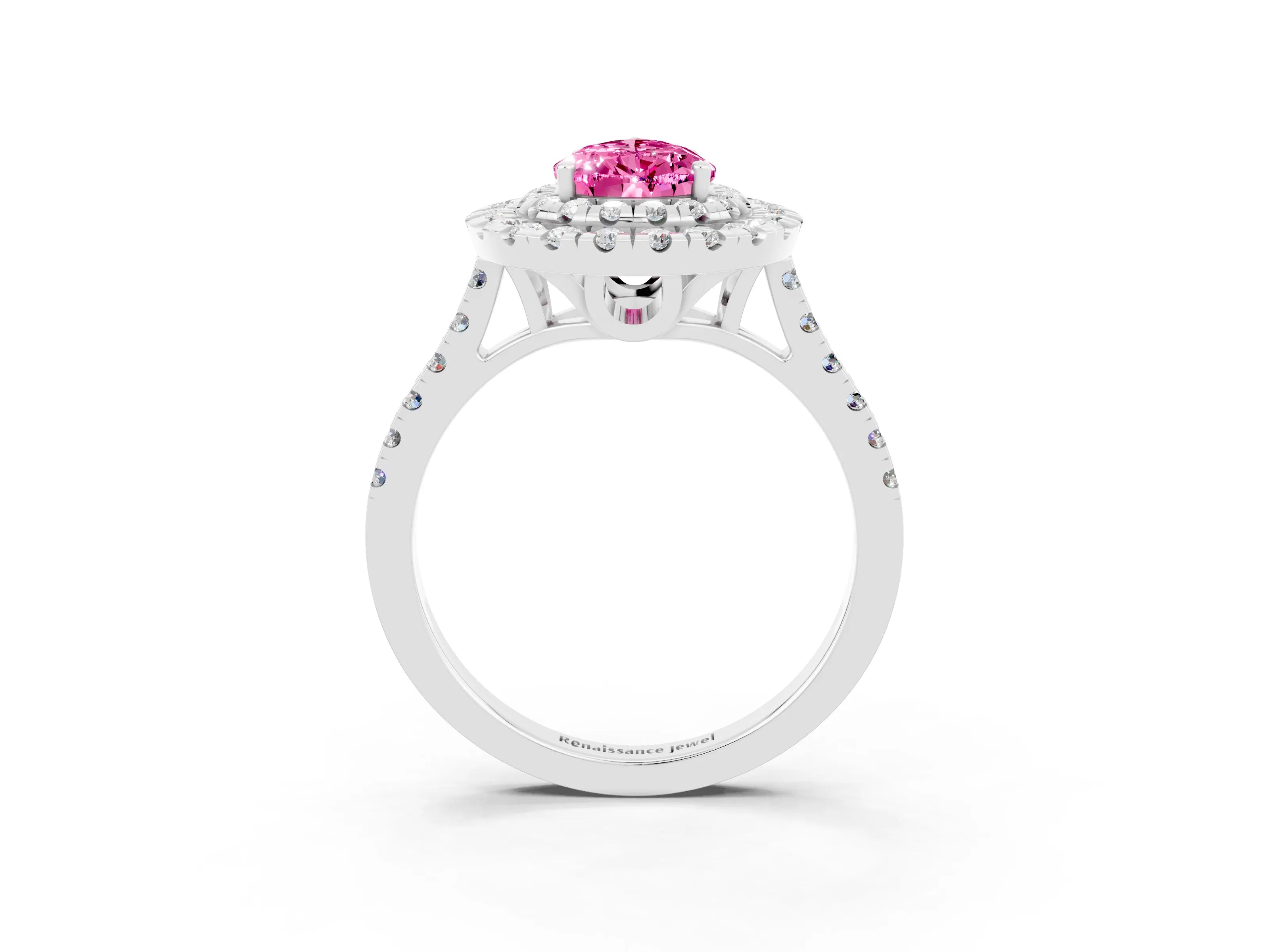 White gold Double Halo Pear Cut Pink Sapphire Pavé Band with Four-Prong Setting_27