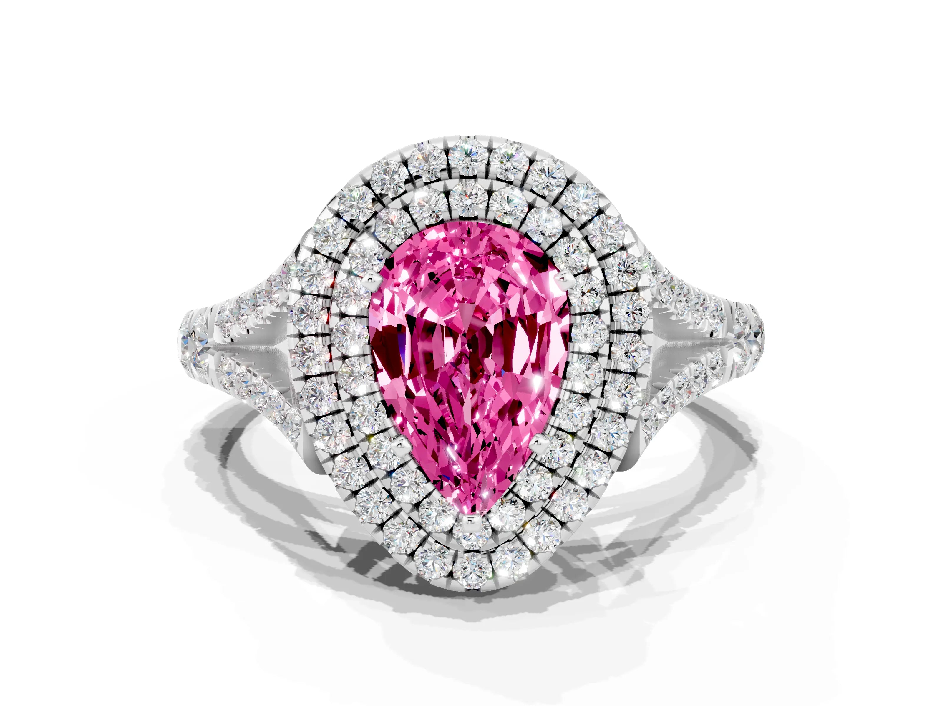 White gold Double Halo Pear Cut Pink Sapphire Pavé Split Shank Ring with Prong Setting