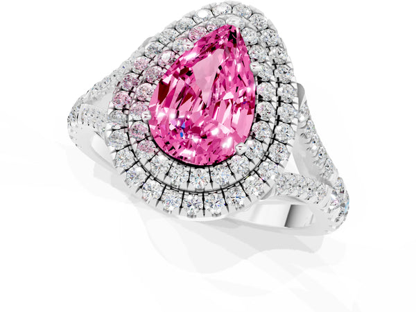 Silver Double Halo Pear Cut Pink Sapphire Pavé Split Shank Ring with Prong Setting