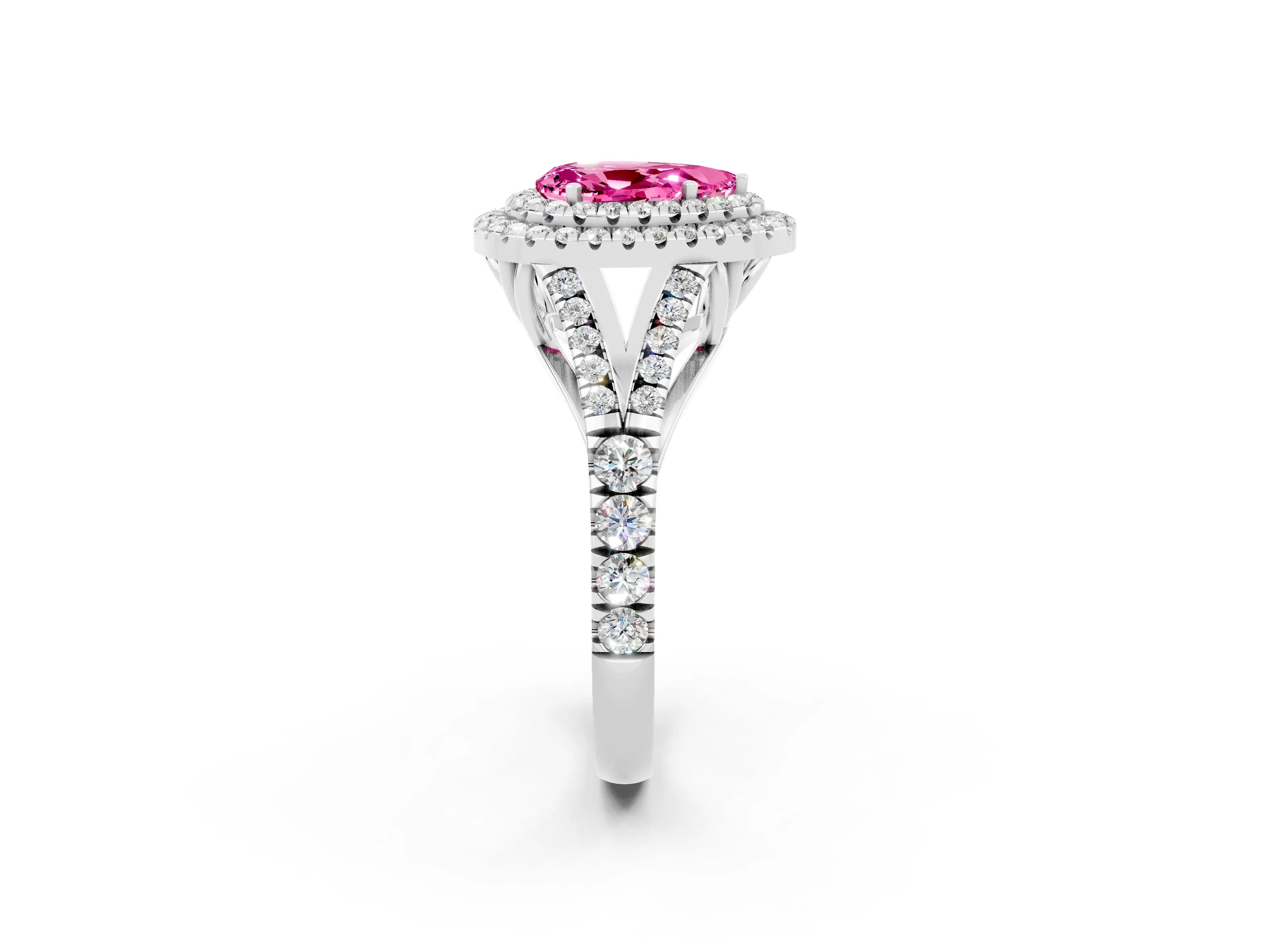 White gold Double Halo Pear Cut Pink Sapphire Pavé Split Shank Ring with Prong Setting_2