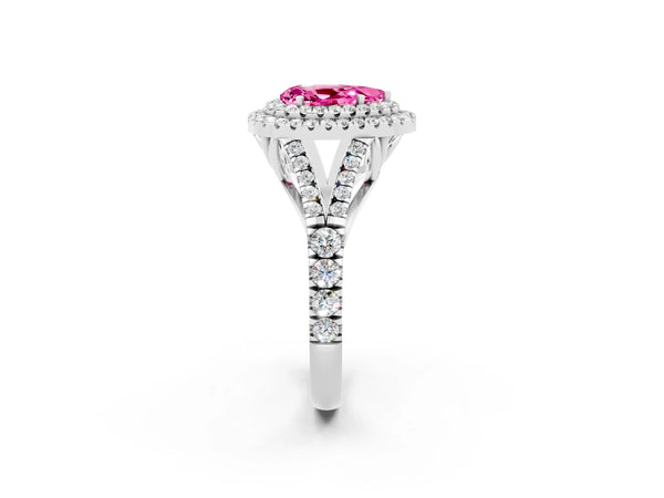White gold Double Halo Pear Cut Pink Sapphire Pavé Split Shank Ring with Prong Setting