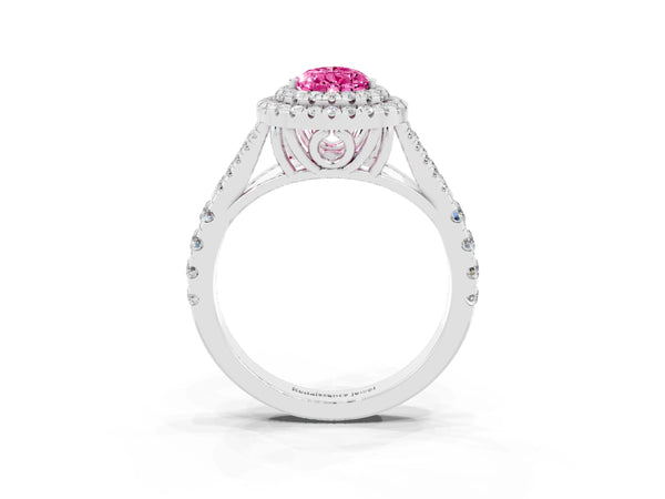 Platinum Double Halo Pear Cut Pink Sapphire Pavé Split Shank Ring with Prong Setting