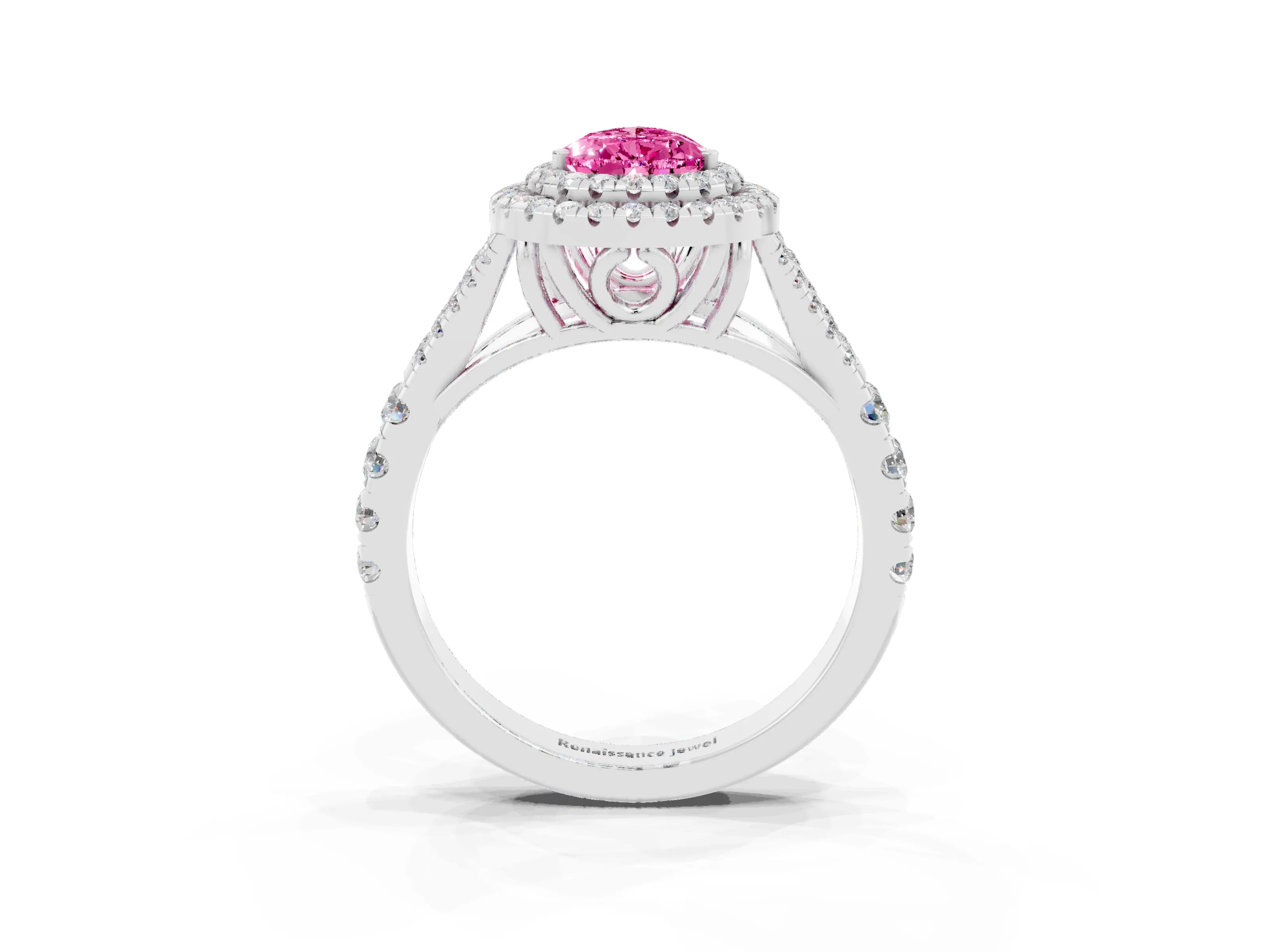White gold Double Halo Pear Cut Pink Sapphire Pavé Split Shank Ring with Prong Setting_3
