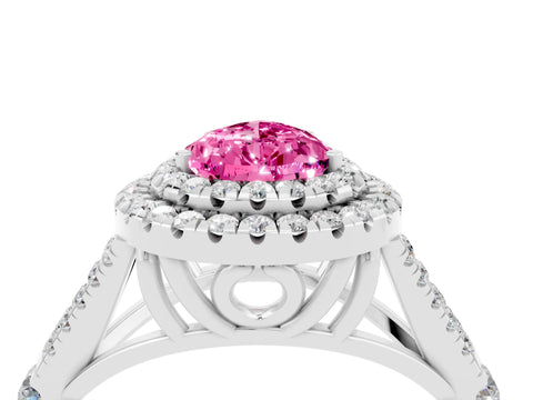 White gold Double Halo Pear Cut Pink Sapphire Pavé Split Shank Ring with Prong Setting_4