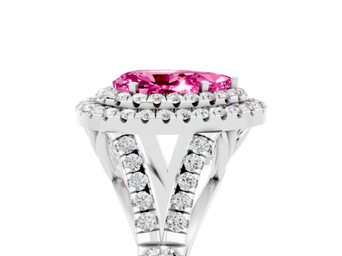 White gold Double Halo Pear Cut Pink Sapphire Pavé Split Shank Ring with Prong Setting_5