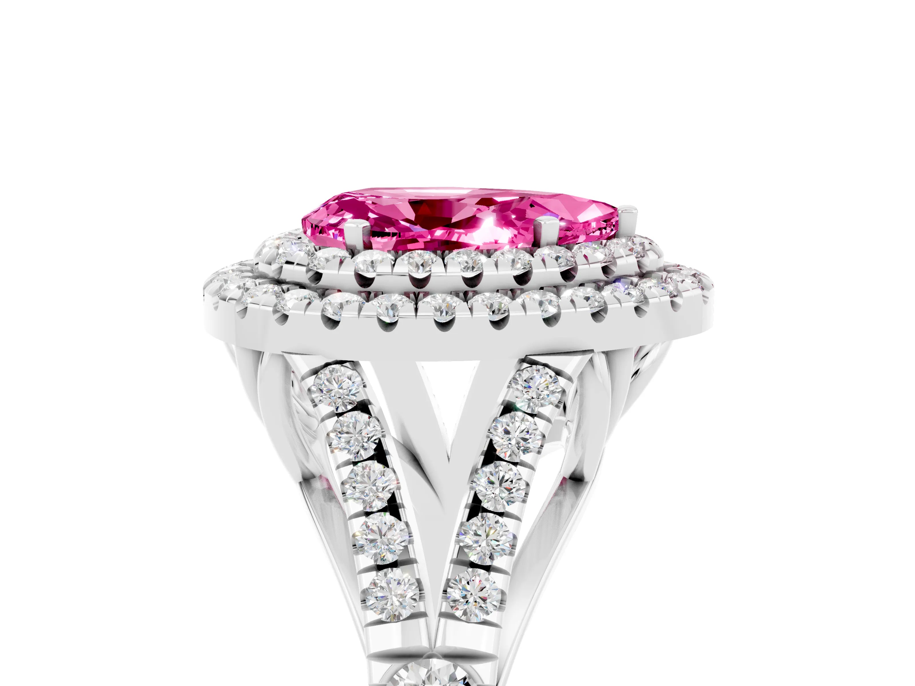 White gold Double Halo Pear Cut Pink Sapphire Pavé Split Shank Ring with Prong Setting_5