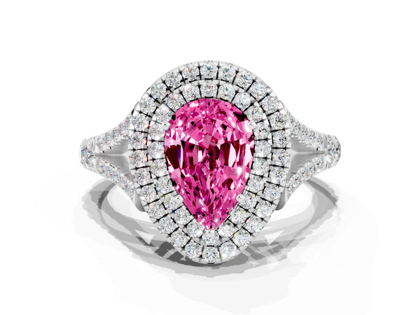 Silver Double Halo Pear Cut Pink Sapphire Pavé Split Shank Ring with Prong Setting