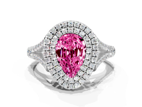 White gold Double Halo Pear Cut Pink Sapphire Pavé Split Shank Ring with Prong Setting