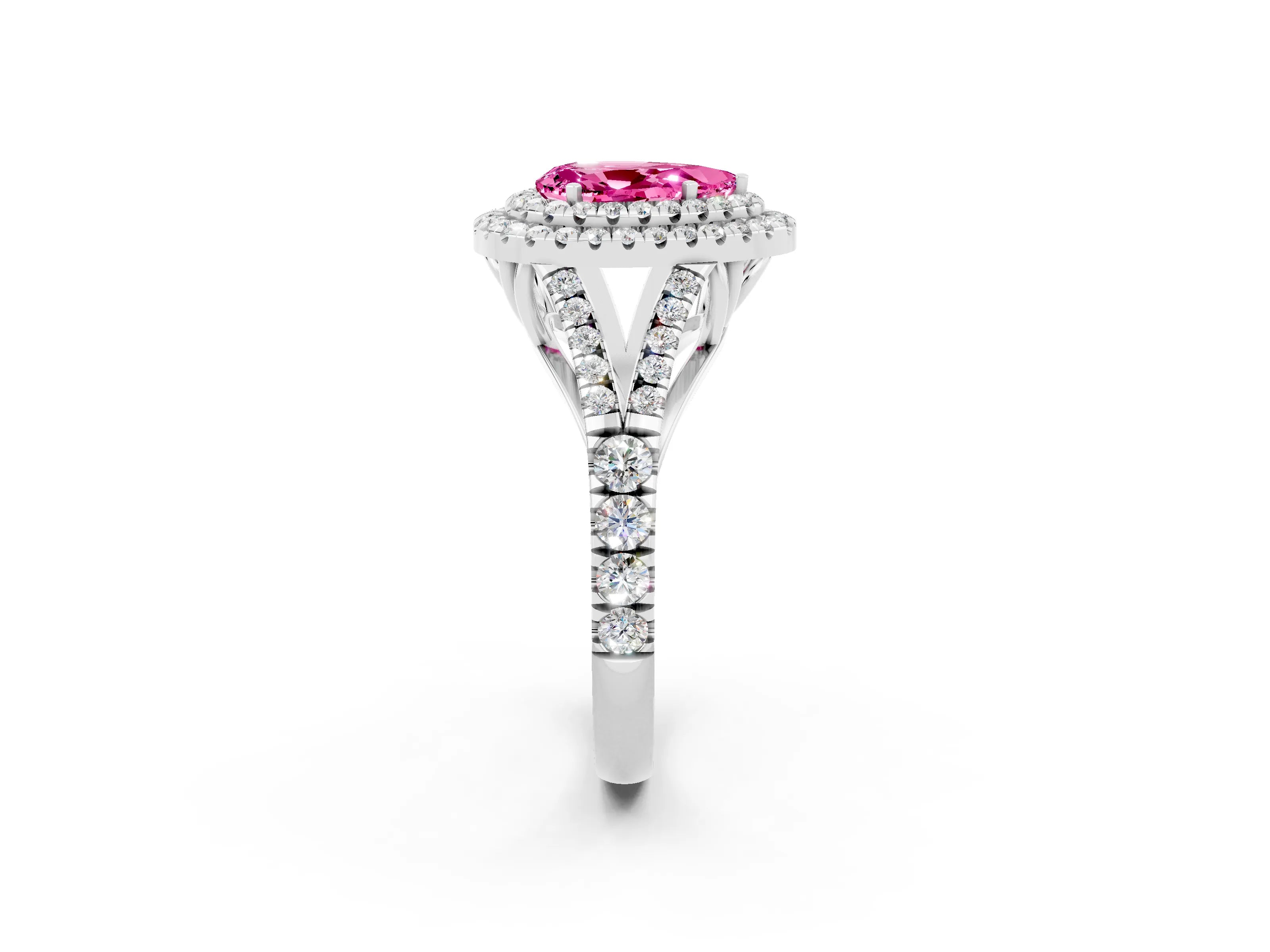 White gold Double Halo Pear Cut Pink Sapphire Split Shank Engagement Ring with Four-Prong Setting_2