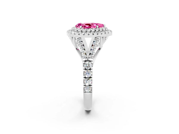 White gold Double Halo Pear Cut Pink Sapphire Split Shank Engagement Ring with Four-Prong Setting