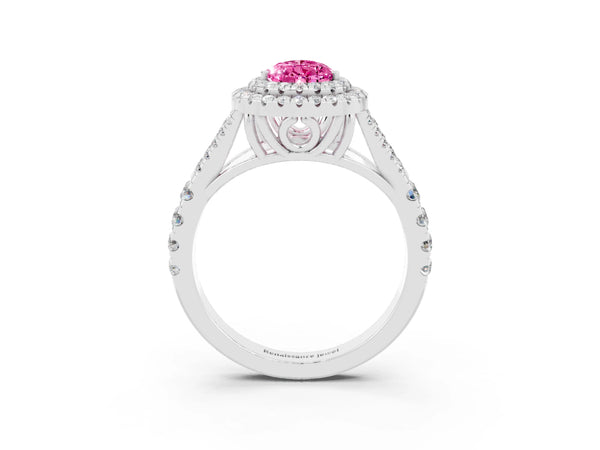 White gold Double Halo Pear Cut Pink Sapphire Split Shank Engagement Ring with Four-Prong Setting