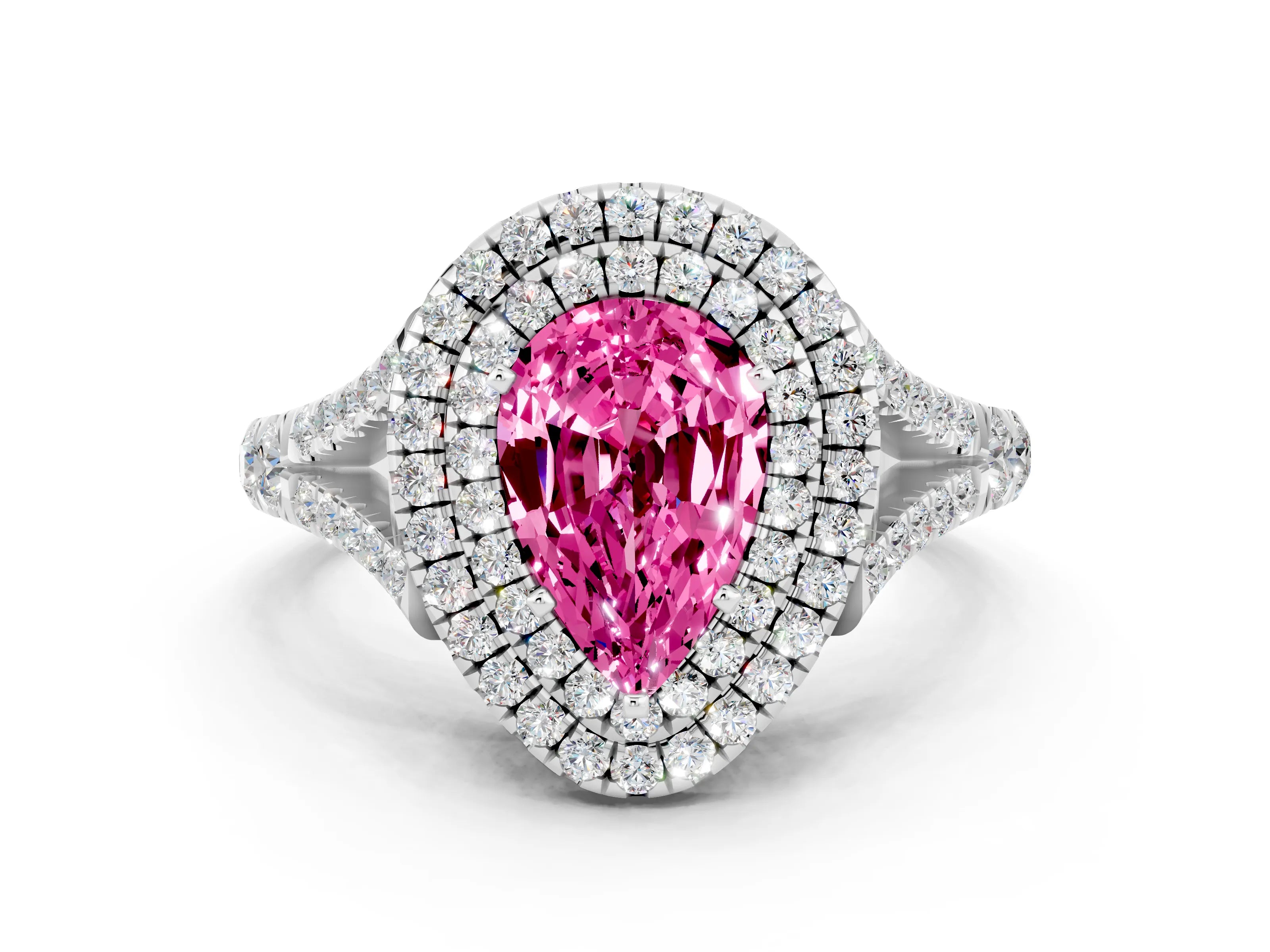 White gold Double Halo Pear Cut Pink Sapphire Split Shank Engagement Ring with Four-Prong Setting
