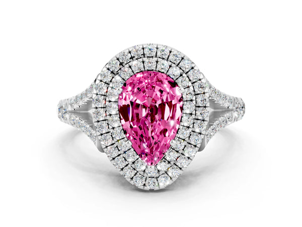 Silver Double Halo Pear Cut Pink Sapphire Split Shank Engagement Ring with Four-Prong Setting