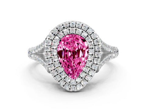 White gold Double Halo Pear Cut Pink Sapphire Split Shank Engagement Ring with Four-Prong Setting