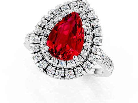 White gold Double Halo Pear Cut Ruby Pavé Band with Four-Prong Setting_1