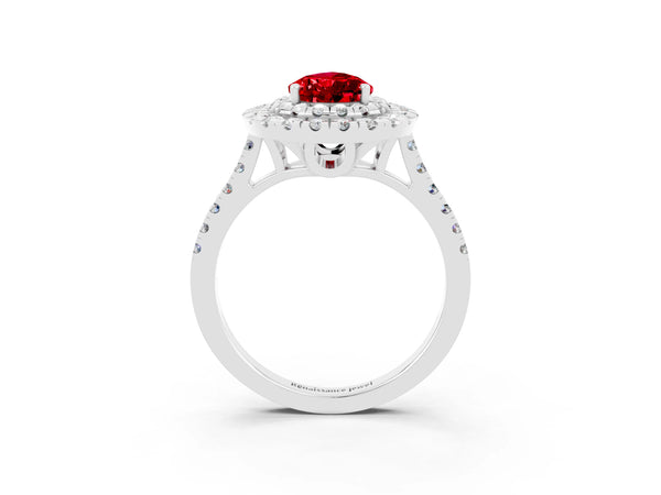 White gold Double Halo Pear Cut Ruby Pavé Band with Four-Prong Setting