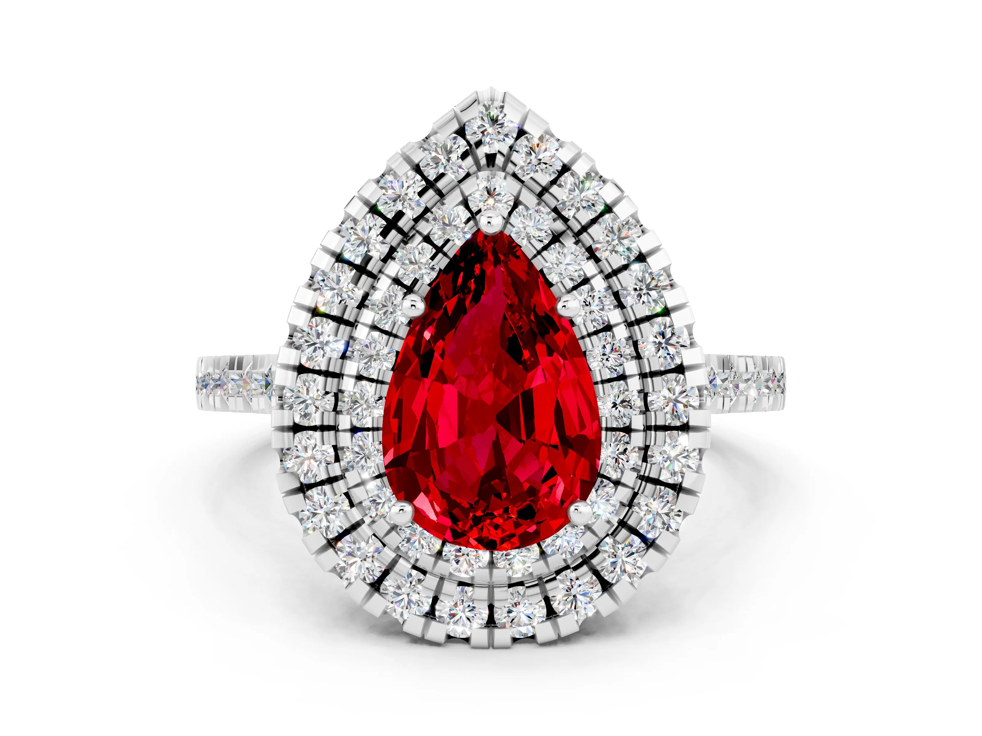 White gold Double Halo Pear Cut Ruby Pavé Band with Four-Prong Setting