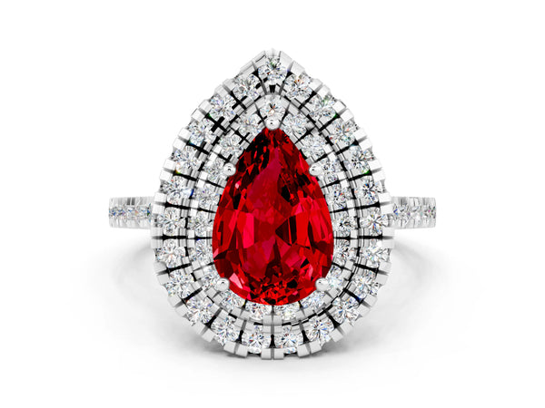 Silver Double Halo Pear Cut Ruby Pavé Band with Four-Prong Setting