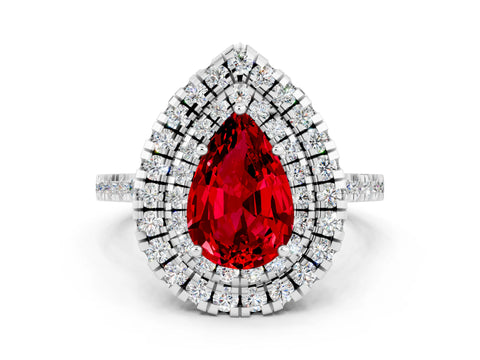 White gold Double Halo Pear Cut Ruby Pavé Band with Four-Prong Setting