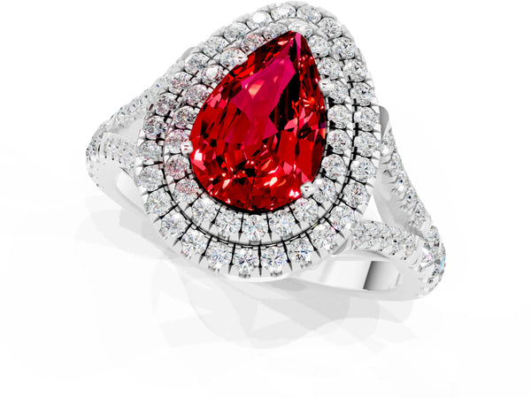 Silver Double Halo Pear Cut Ruby Pavé Split Shank Ring with Prong Setting