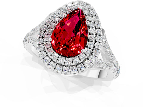 White gold Double Halo Pear Cut Ruby Pavé Split Shank Ring with Prong Setting_1
