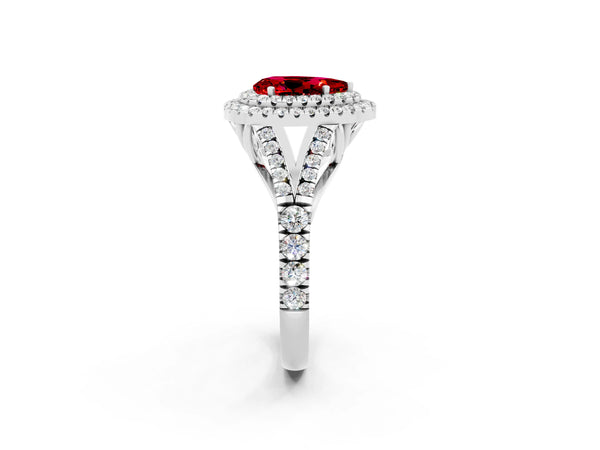 Platinum Double Halo Pear Cut Ruby Pavé Split Shank Ring with Prong Setting