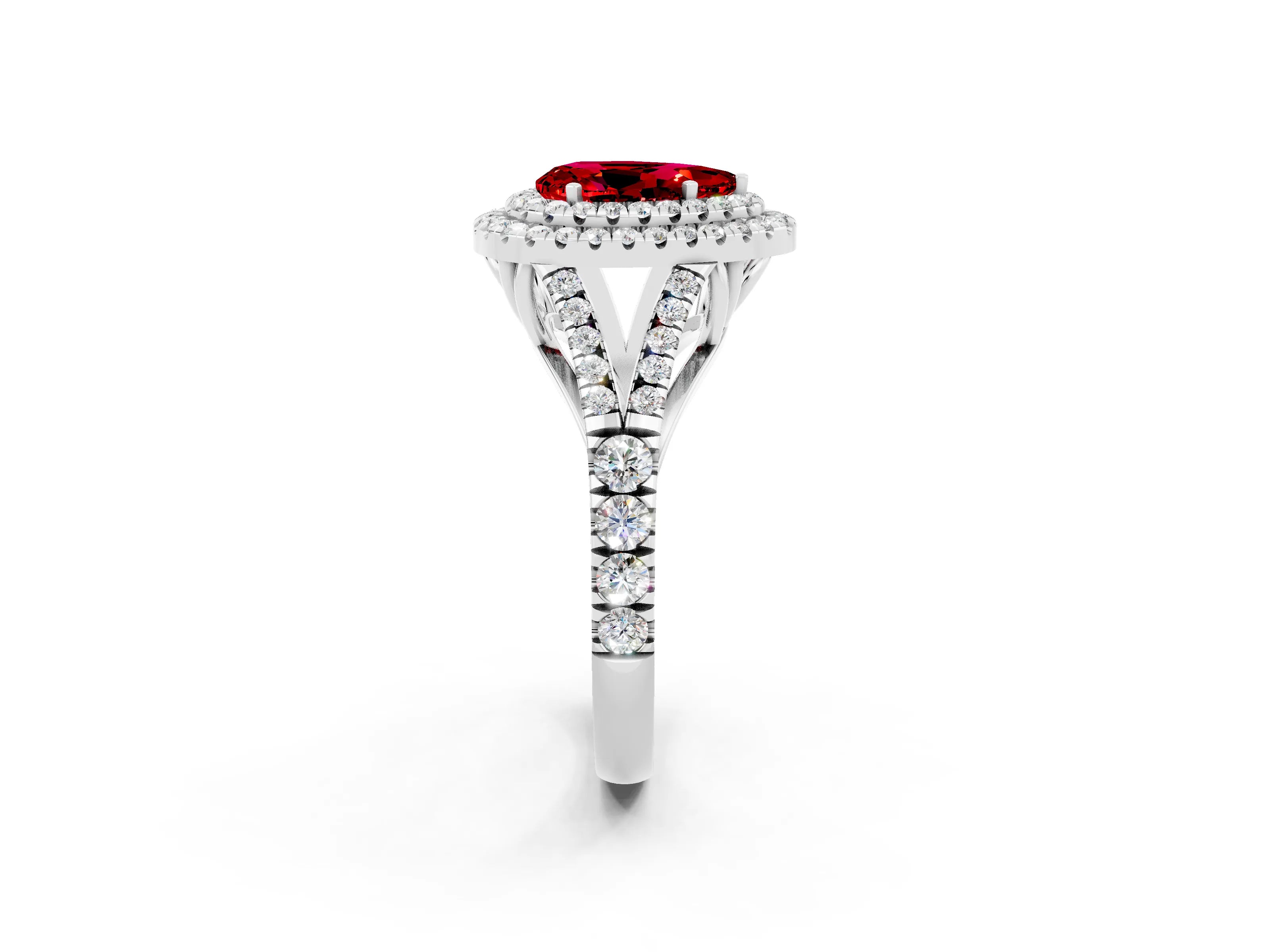 White gold Double Halo Pear Cut Ruby Pavé Split Shank Ring with Prong Setting_2