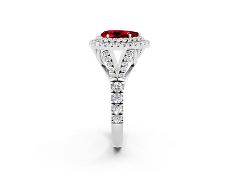 White gold Double Halo Pear Cut Ruby Pavé Split Shank Ring with Prong Setting_2