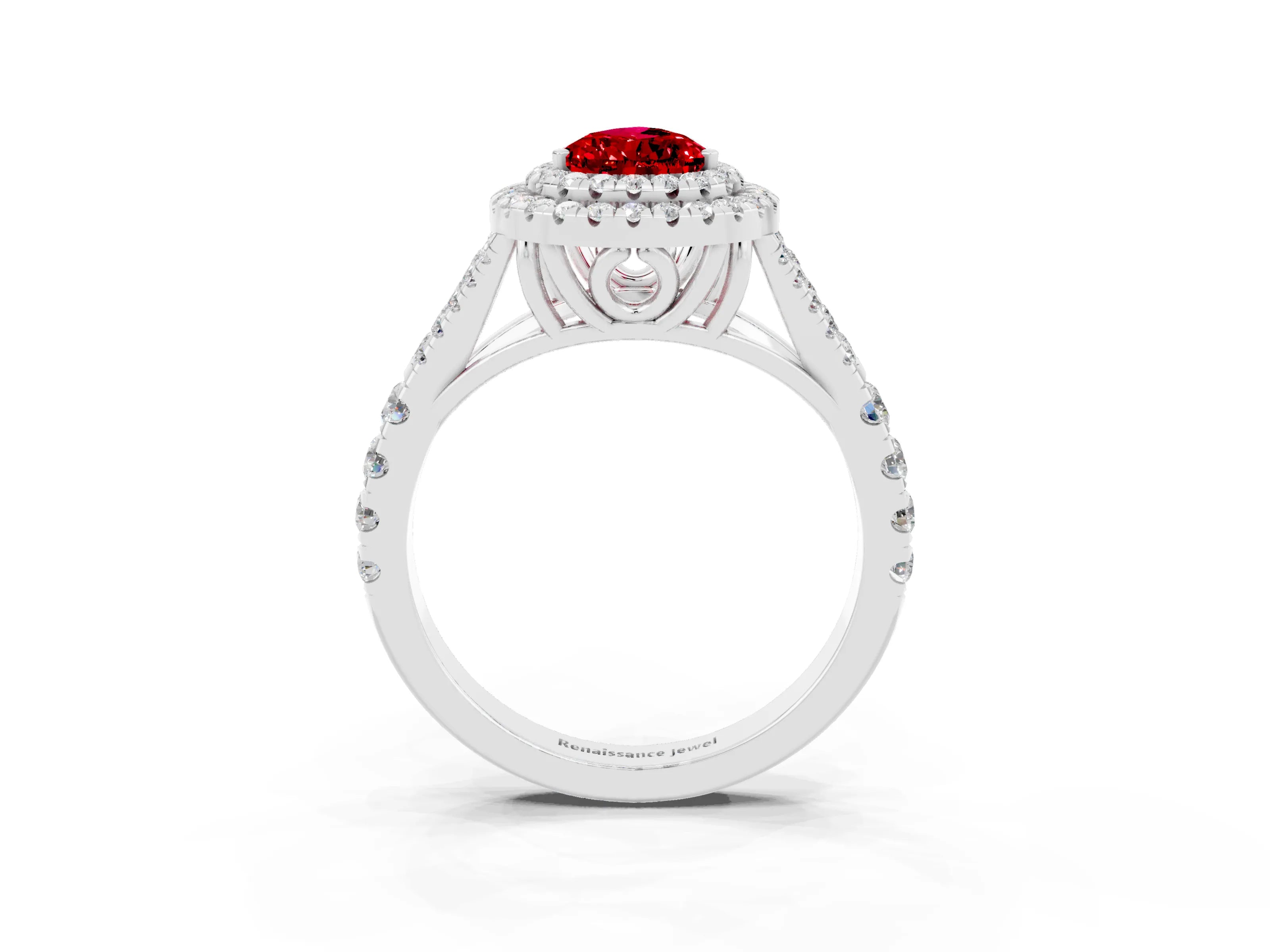 White gold Double Halo Pear Cut Ruby Pavé Split Shank Ring with Prong Setting_3