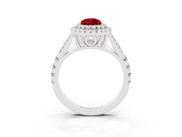 Platinum Double Halo Pear Cut Ruby Pavé Split Shank Ring with Prong Setting